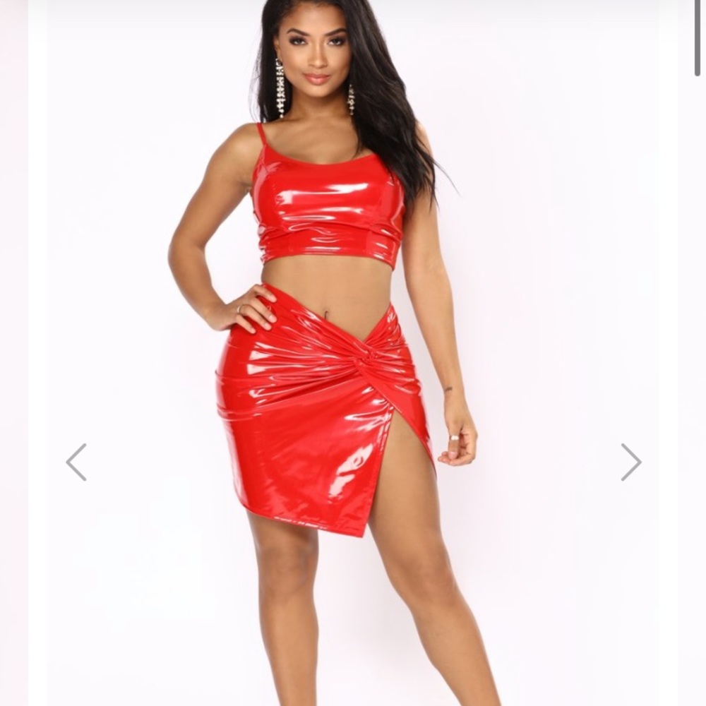 Fashion Nova red latex skirt crop top set